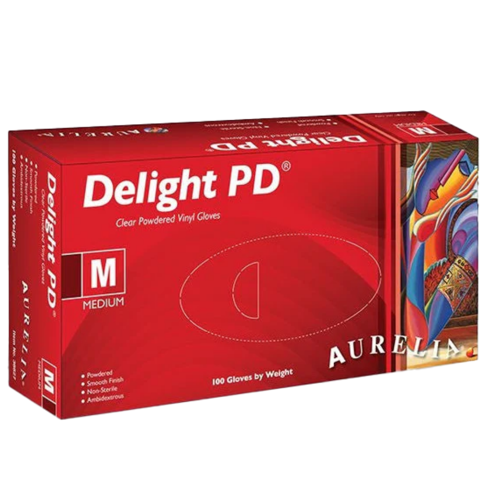 Aurelia Delight PD Clear Powdered Vinyl Gloves Medium x 100