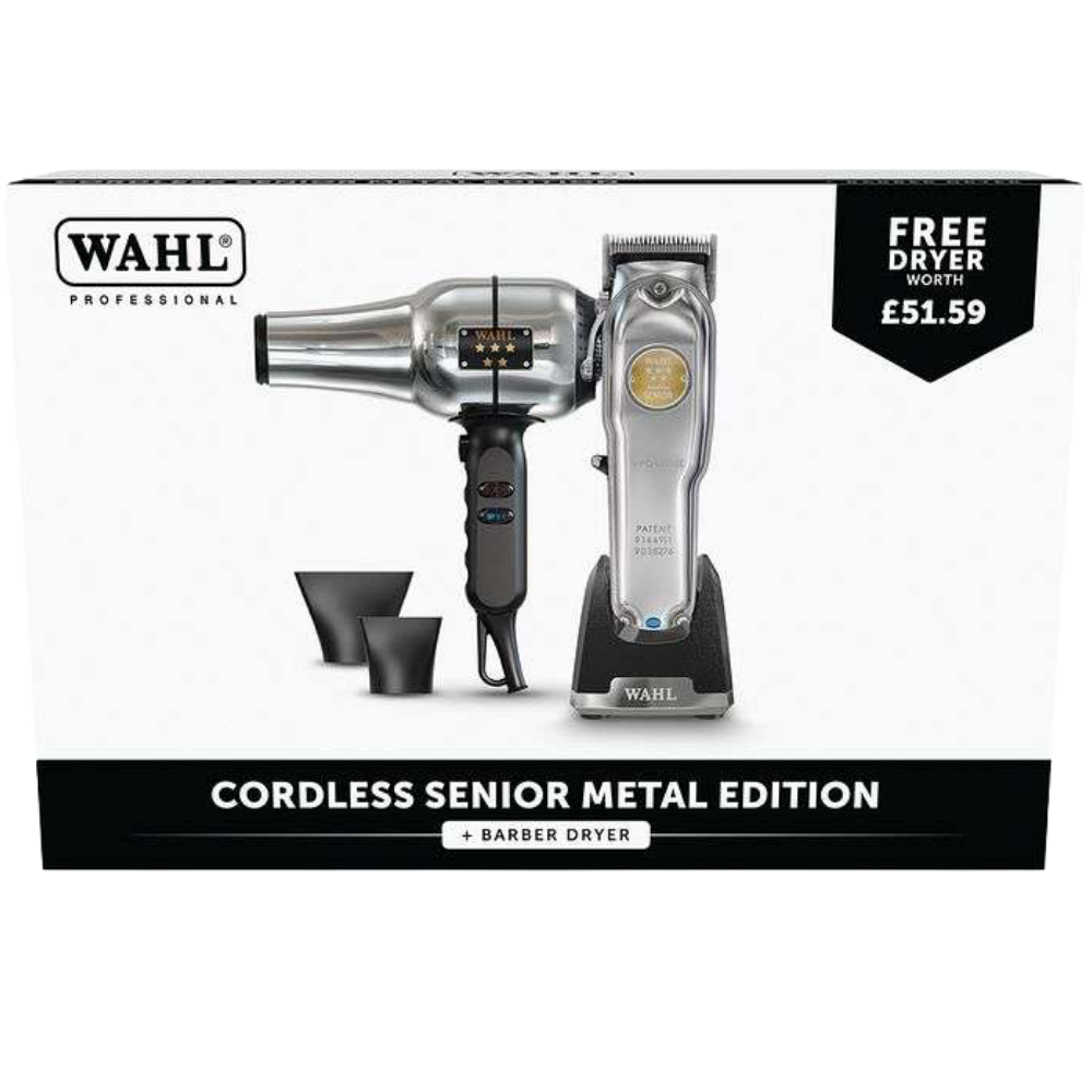 Wahl Professional Senior Metal Edition Cordless Clipper & Barbers Hair Dryer Pack