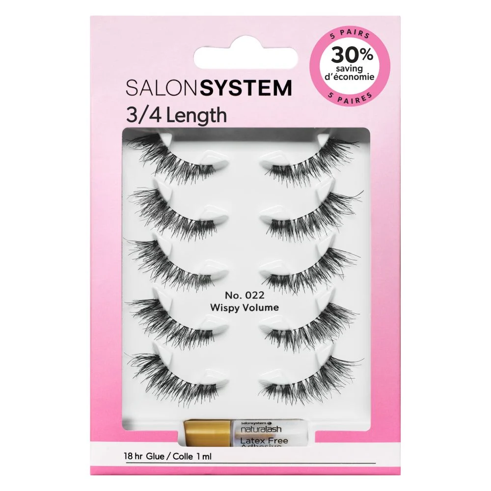 Salon System 3/4 Length Wispy Volume Strip Lashes Black 022 5 Pack