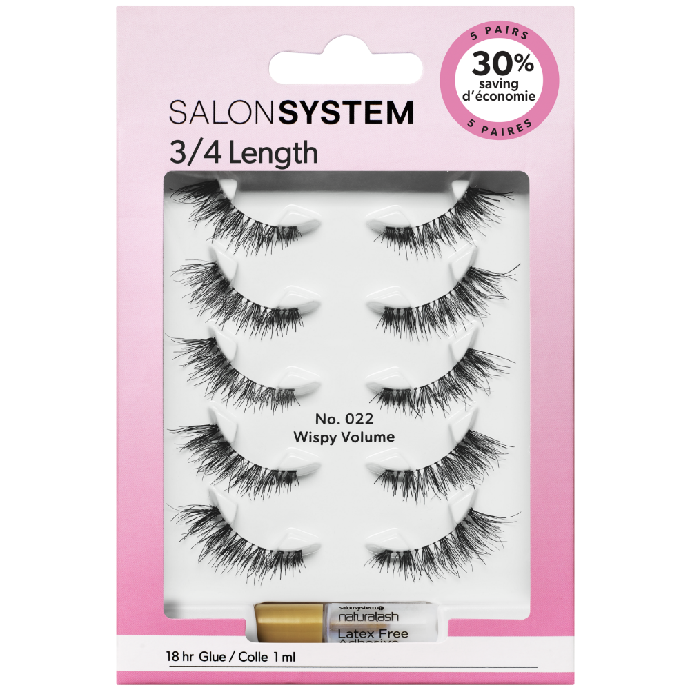 Salon System 3/4 Length Wispy Volume Strip Lashes Black 022 5 Pack