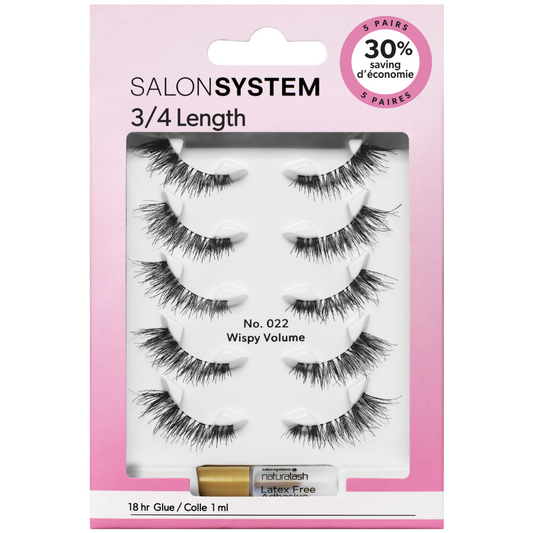 Salon System 3/4 Length Wispy Volume Strip Lashes Black 022 5 Pack